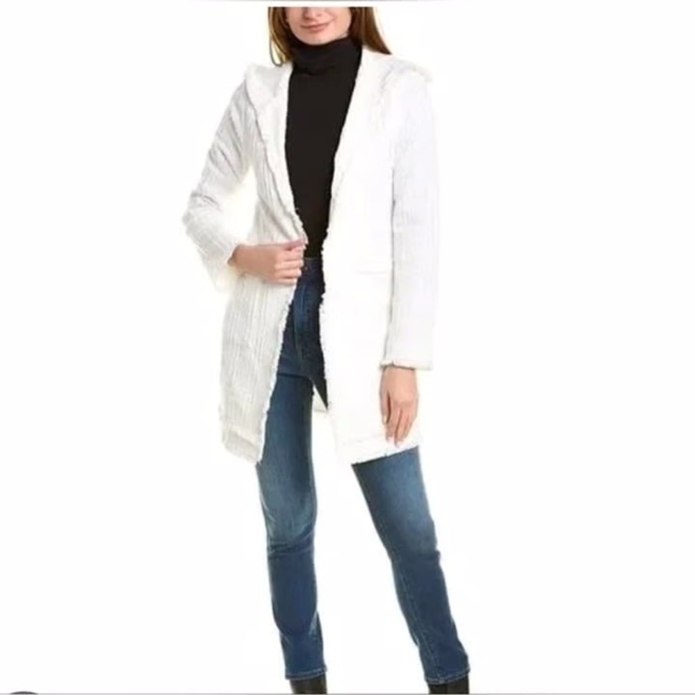 Laundry Shelli Segal White Tweed Fringe‎ Hooded Cardigan Jacket Women's XL